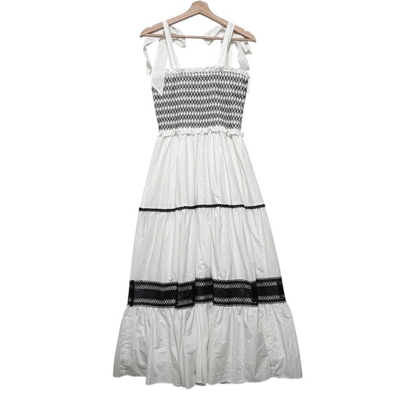 En Saison Smocked Midi Dress Size Small Milkmaid French Cottagecore White Black - Picture 3 of 8